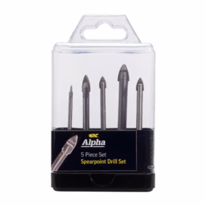 Five drill bits in a clear plastic case labeled 'Alpha' Spearpoint Drill Set (5 pieces).