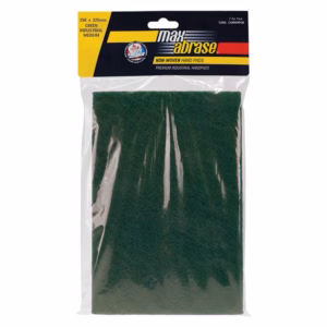 Green non-woven abrasive hand pads in a sealed package (Max Abrase) for industrial cleaning/sanding, 2 per pack.