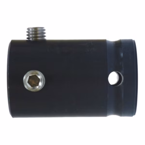 Black metal cylindrical component with a threaded male connector on the top and a hex socket screw on the side, plus a round bore at the right end.