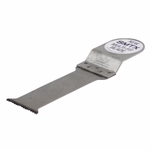 Flat metal utility blade with a serrated tip extended from a hinged base, the handle area showing a circular label.