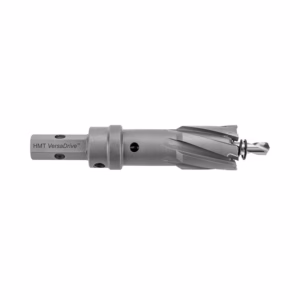 Industrial cutting tool: end mill with spiral flutes attached to a VersaDrive adapter, shown in profile