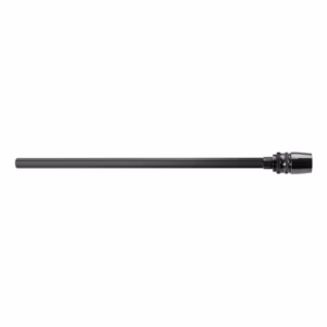 Long black antenna with a threaded metal connector on the right, isolated on a white background