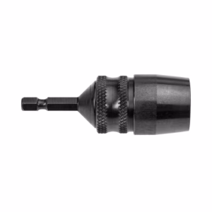 Drill chuck with hex shank adapter and knurled grip, oriented horizontally on white background