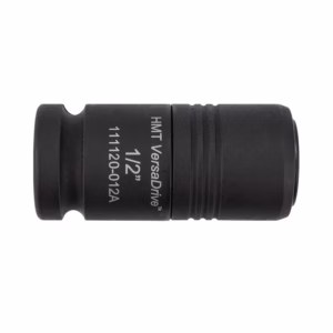 Black 1/2-inch VersaDrive socket adapter with branding text on the side, cylindrical with grooves for grip.