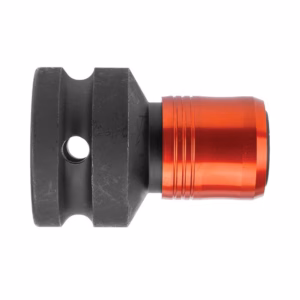 Red anodized aluminum cylindrical adapter attached to a black machined mounting block with a through hole for fastening