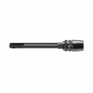 Metal drill/chuck adapter: cylindrical tool with knurled collar and a clamping chuck on the right, slotted left tip.