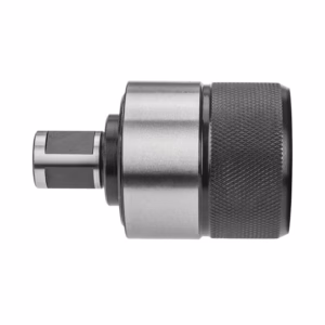 Metal drill chuck/adapter with knurled grip and hex shank, used for holding drill bits.