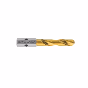 Gold-colored twist drill bit with silver shank labeled HMT VersaDrive