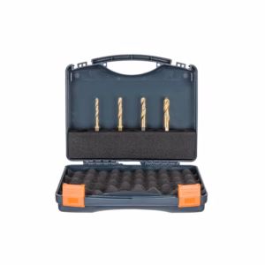 Open plastic tool case with four gold drill bits secured in foam slots, ready for use in drilling kits