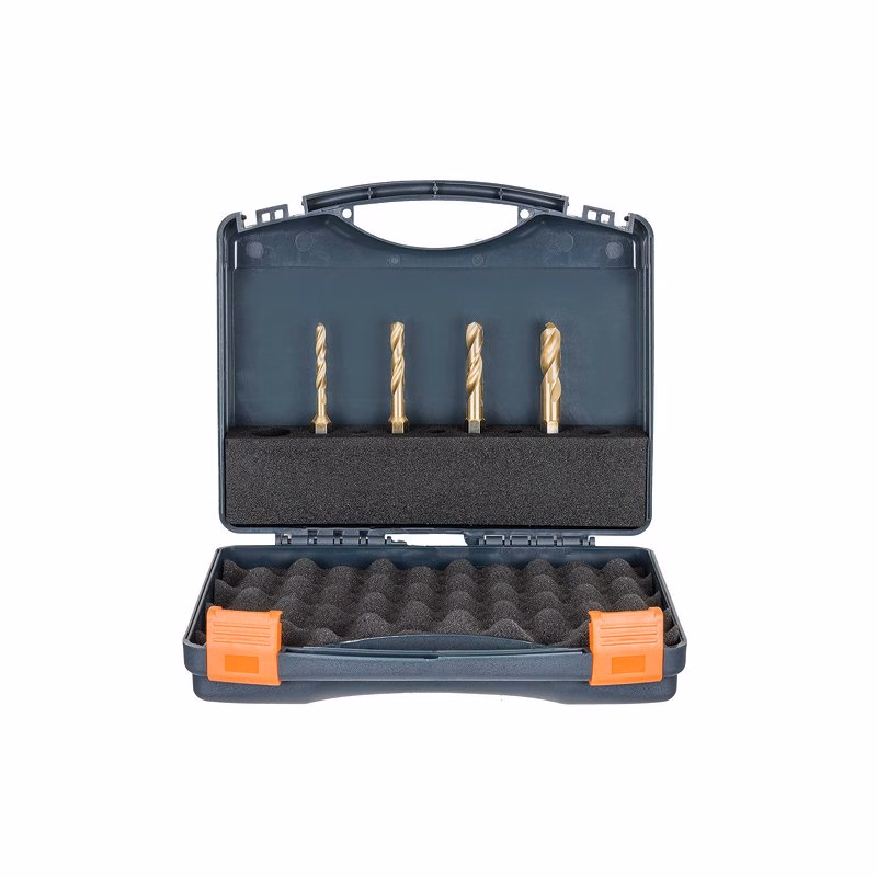 209010-SET1_00 - Alpha Tools Open plastic tool case with four gold drill bits secured in foam slots, ready for use in drilling kits