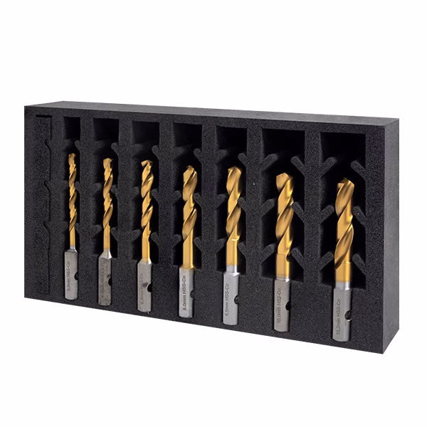 209010-SET3_00 - Alpha Tools Ten gold-coated twist drill bits arranged in a black foam holder.