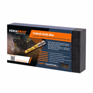 VersaDrive cobalt drill bits for metal in a blue-orange box with foam insert at the right, showing a drill bit and product details