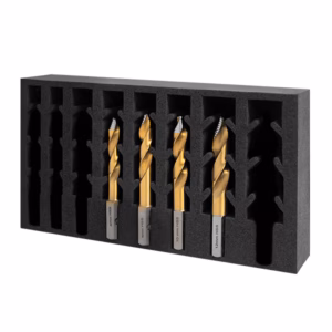 Set of five gold-coated twist drill bits in a black foam rack, with size markings on the shanks.