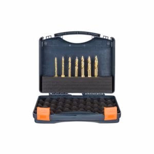 Blue hard-shell case containing a drill bit set with multiple gold spiral drill bits in a foam insert and orange latches on the sides.