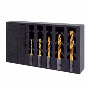 Set of gold-coated twist drill bits in a black foam insert, arranged by size in a carrying organizer.