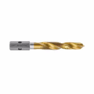 Gold-coated twist drill bit with a silver shank, labeled HMT VersaDrive, on a white background.”
