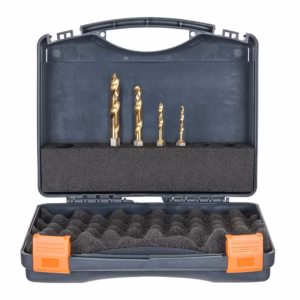Plastic drill bit set in a hard case with foam inserts and four gold-colored bits ready for use