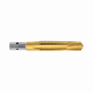 Gold-colored threading tap with spiral flutes, labeled HMT VersaDrive, used for cutting threads in metalworking.