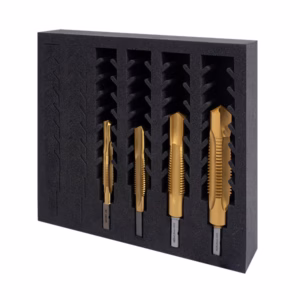 Gold-coated drill bits arranged in a black foam organizer for easy access.