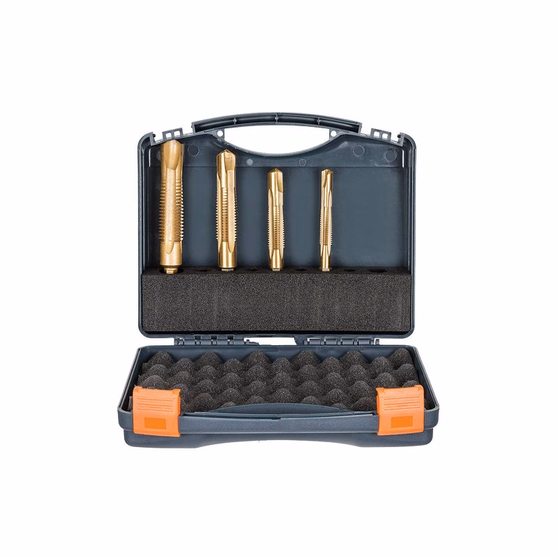 301140-SET1 - Alpha Tools Open plastic toolbox containing a set of four gold-colored drill bits held in place with foam padding at the top of the case.