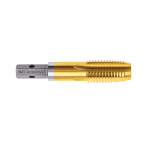 Gold-colored screw-cutting tool with spiral flutes and a gray end labeled HMT VersaDrive on a white background.