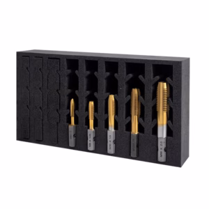 Row of gold-thread taps in a black foam insert, with gray shanks, arranged by size for metal threading.
