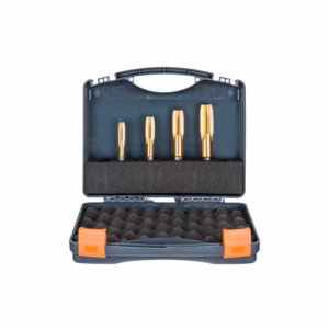 Case with four gold drill bits secured in foam insert for precision drilling (drill bit set)