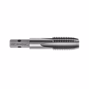 Metal dental drill/burr with serrated spiraled end, labeled HMT VersaDrive, used for shaping or drilling in dental procedures