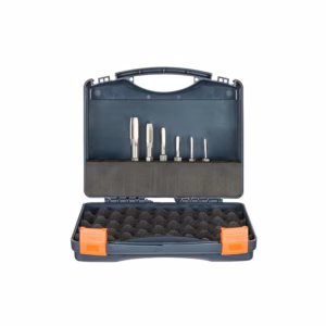 Compact drill bit set in a hard case with multiple silver bits arranged in a row and a foam-lined interior.