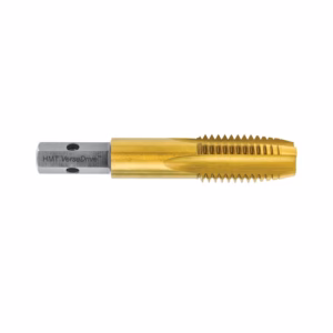 Gold-colored metal cutting tool with fluted, multi-start end and silver shank labeled 'HMT VersaDrive' on white background