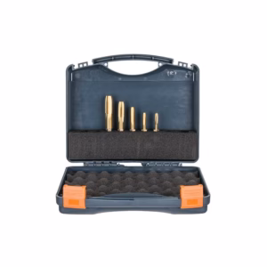 Thread tapping kit with gold-colored taps in a blue plastic case with foam inserts