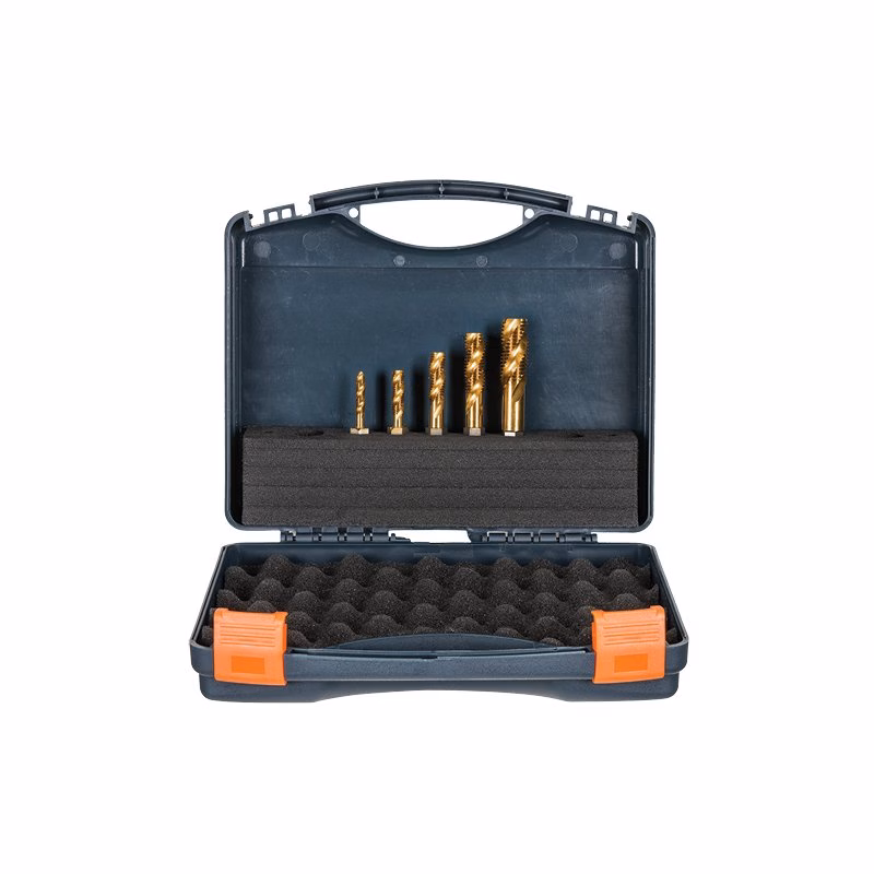309010-SET1 - Alpha Tools Open plastic toolbox with a set of gold-coated drill bits organized in foam slots.