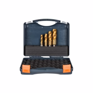 Open blue plastic tool case with a set of gold-coated drill bits arranged in the upper foam tray and orange latches on the sides.