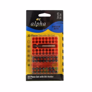 Alpha 33-piece security bit set in yellow blister pack with red, black, and green bits and a metal driver bit set.
