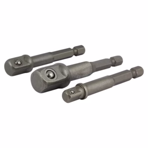 Three gray metal drive adapters with hex ends and ball-detent housings, laid diagonally together.
