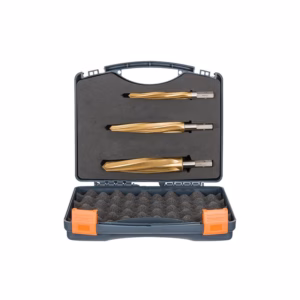 Open blue plastic drill bit case with three gold-colored twist drill bits secured in foam inserts and orange latches on the sides