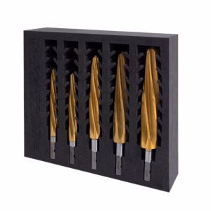 Six gold-coated twist drill bits in a black foam storage block, arranged by size in ascending order.
