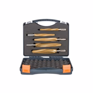 Set of four gold twist drill bits in a blue protective case with foam inserts
