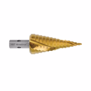 Gold-coated twist drill bit with helical flutes and ruler markings, labeled HMT VersaDrive on the silver shank (used for drilling).