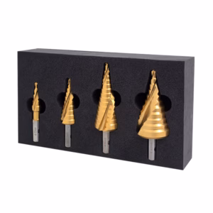 Set of four titanium-coated drill bits in a black foam organizer, arranged from small to large by size.
