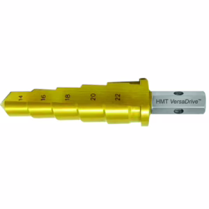 Gold step drill bit with labeled hole sizes 14–22 mm and a gray HMT VersaDrive shank, used for drilling multiple hole sizes in metal.