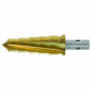 Gold step drill bit with 18–26 mm size markings, mounted in a silver HMT VersaDrive shank for metal drilling