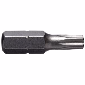 Metal screwdriver/drill bit with a hexagonal body and a pointed, multi-fluted tip used for driving screws or light drilling.