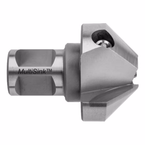 Metal cutting tool holder with a square, angled cutting head and 'MultiSink' marking on the shaft (industrial milling attachment).