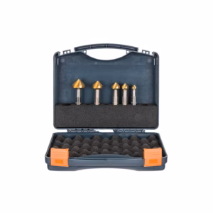 Blue open carrying case with six gold-tipped stepped drill bits neatly arranged in foam inserts.
