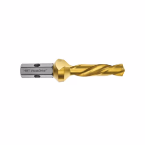 Gold-coated spiral flute drill bit with a silver shank, labeled HMT VersaDrive, used for precision milling/cutting.