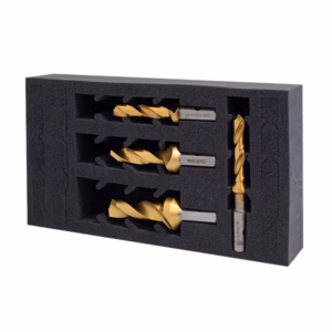 Gold-coated twist drill bits arranged in a black foam carrying tray (tool bit set).