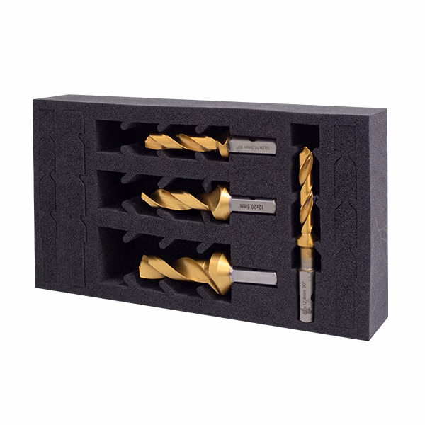 603070-SET4 - Alpha Tools Gold-coated twist drill bits arranged in a black foam carrying tray (tool bit set).