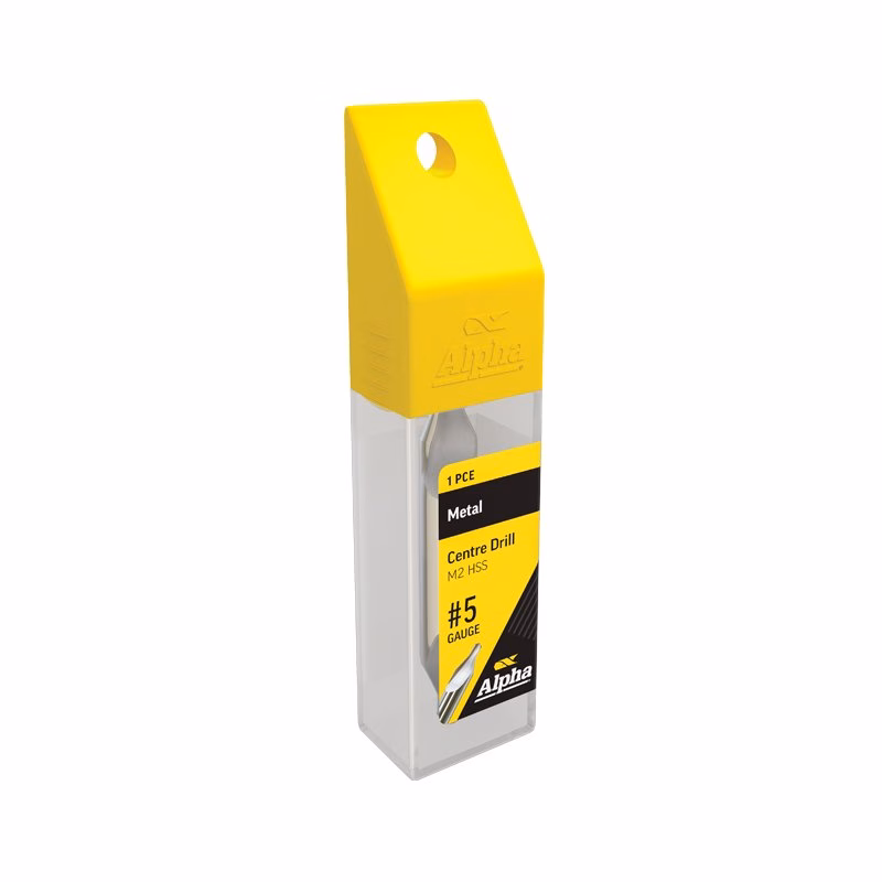 9CD8-34_2 - Alpha Tools Alpha brand center drill packaging with a yellow top, 1 piece, M2 HSS metal, #5 gauge