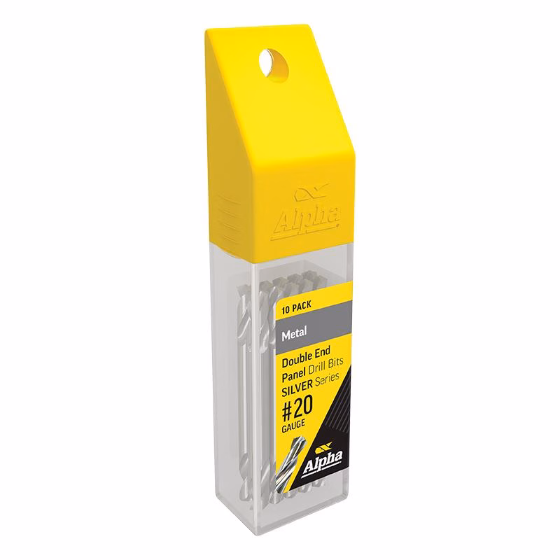 9D20S_2 - Alpha Tools Yellow-topped clear case holding a 10-pack of silver metal drill bits (double-ended), labeled #20 gauge and Alpha brand